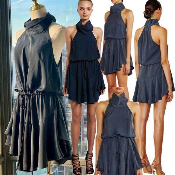 🆕 SHONA JOY 🧿 NWOT High Neck Mini Drawstring Dress, Stone - Sz AU 14 US 10